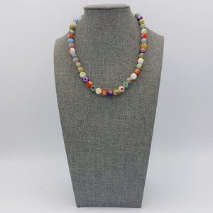 Bead Necklace Flowers floral Painted Beads Short Necklace 14" Choker Colorful Gl